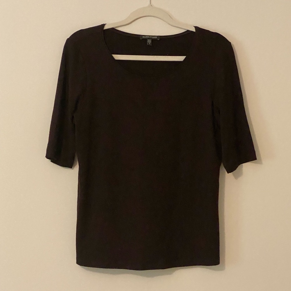 Eileen Fisher Dark Brown Rayon Lycra 3/4 sleeve bateau neck top like new M
